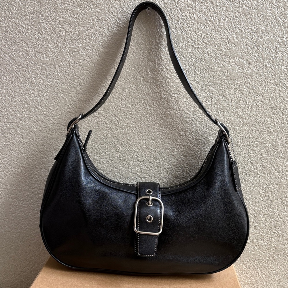 Classic Coach Leather Shoulder Bag with Buckle Accent